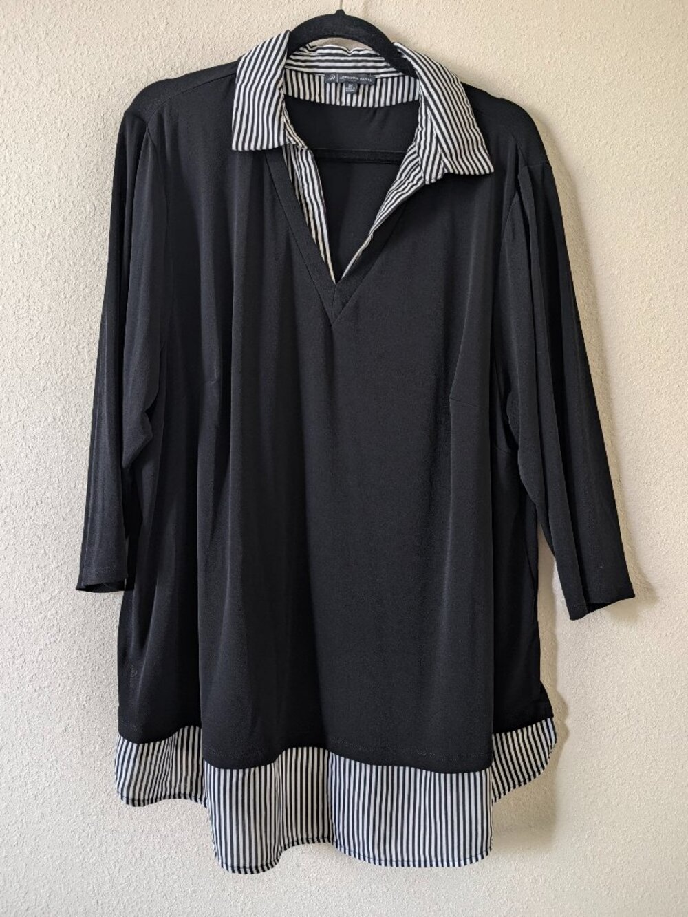 Adrianna Papell 3X Black Tunic Top Striped Collar Scalloped Hem Layered Look